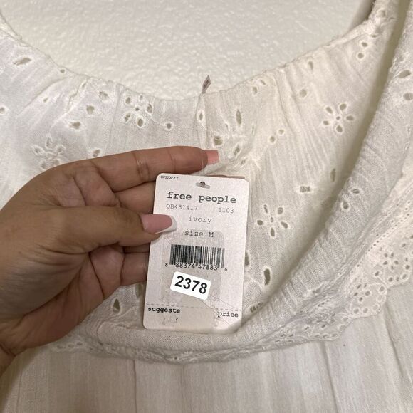 Free People Off Shoulder Dress Medium Ivory Cottagecore Prairie Indie Midi Eyele - Picture 6 of 15